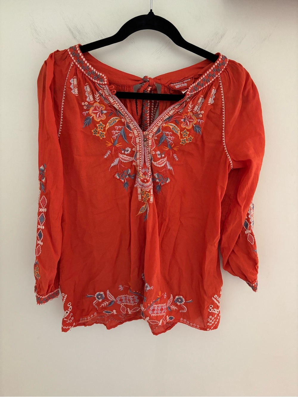 Johnny Was Embroidered Peasant Blouse in Orange XS